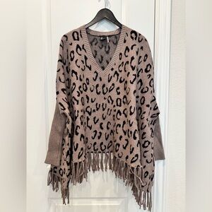 Love Token Leopard Print Fringe V-neck Poncho